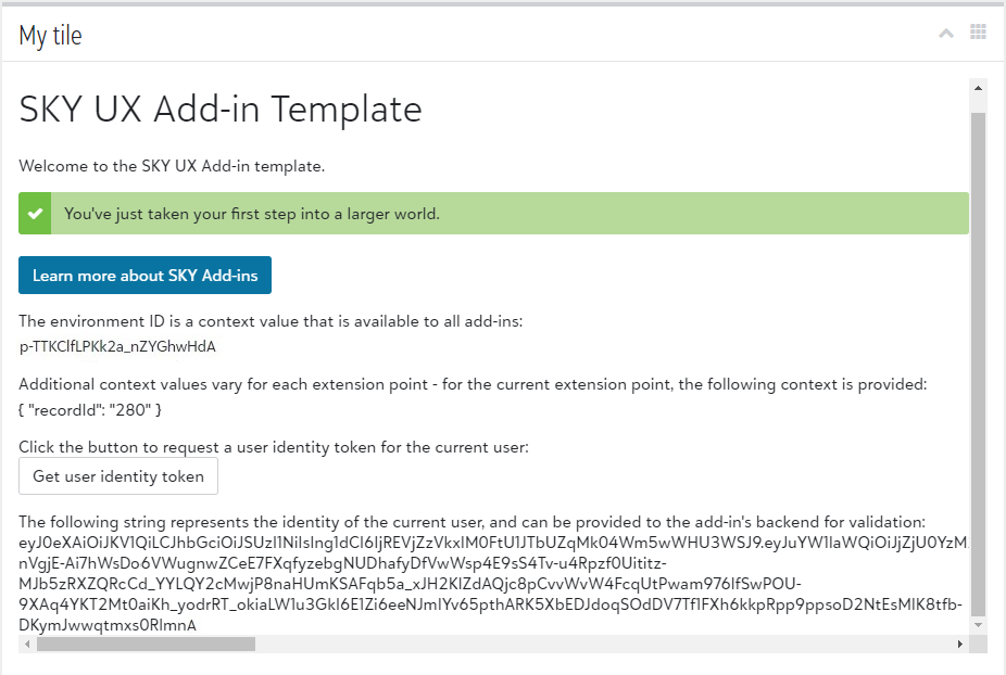 The user identity token displays when you click the button.