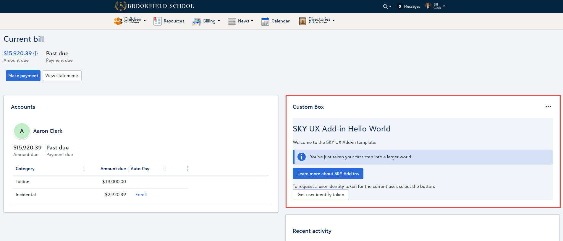 Example of Billing Current Bill tile extension point