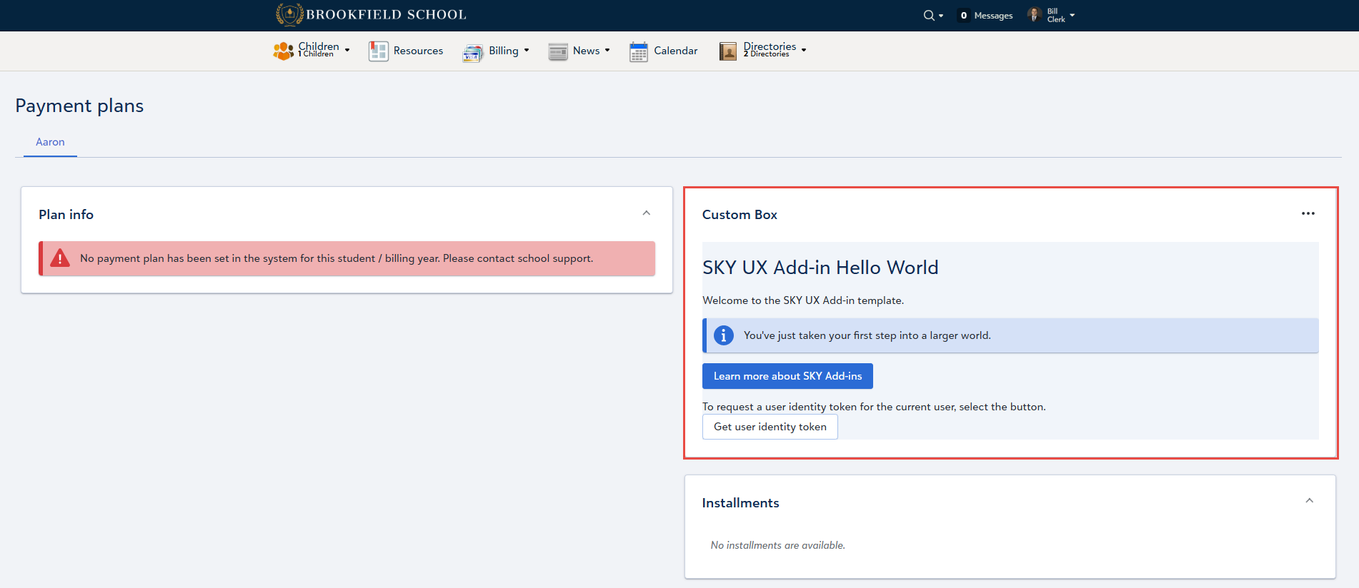 Example of Billing Payment Plan tile extension point