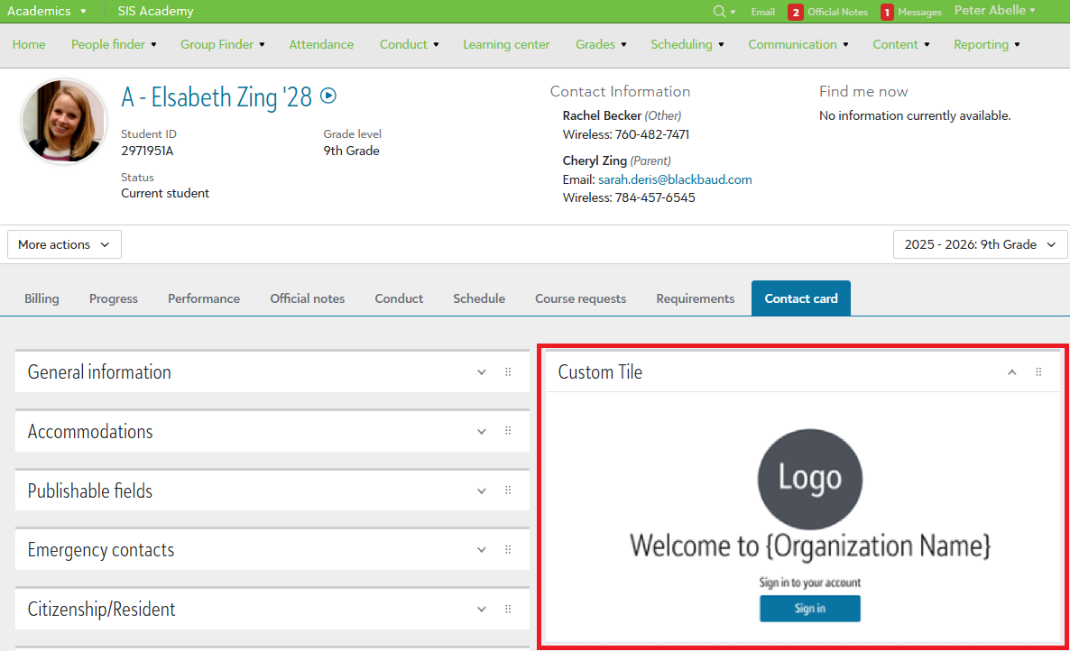 Example of Contact card tab extension point