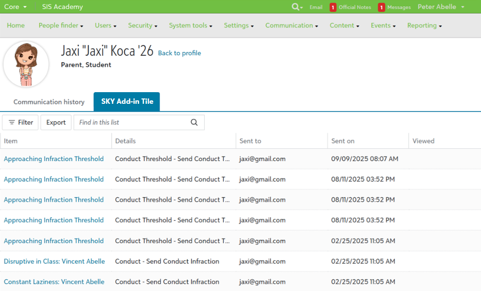 Example of View communications tab extension point